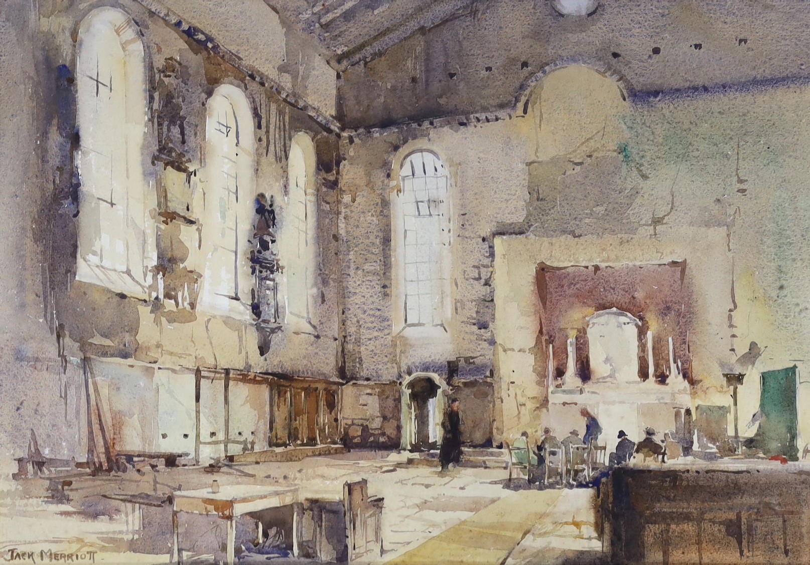 Jack Merriott (1901-1968), watercolour, Interior with seated figures, signed, 36 x 52cm.